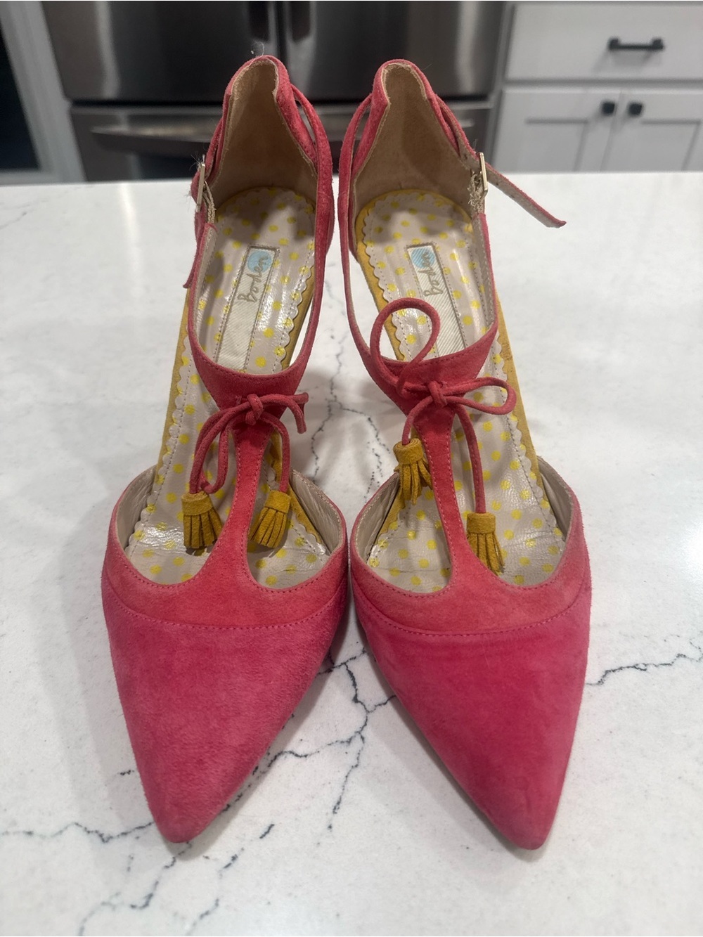 Boden “Alice” Pink Suede Ankle Strap Heels Yellow Tassels 7.5- 8 (38) - Picture 3 of 14